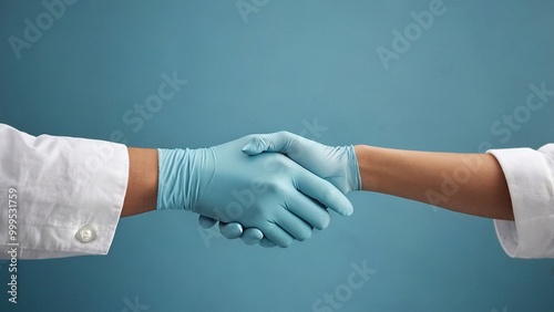 Shaking hands with blue gloves medical friendship