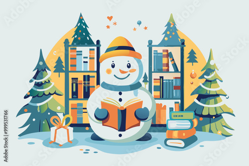 Charming Snowman Reading Books in a Winter Wonderland Scene