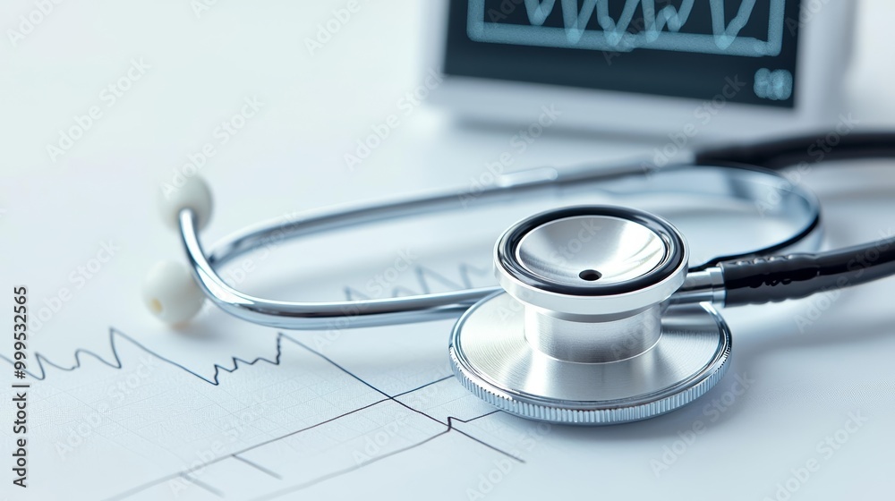 Futuristic stethoscope resting on a digital heart rate monitor, symbolizing the evolution of healthcare tools and diagnostics Futuristic stethoscope resting on a digital heart rate monitor, symbolizing the evolution of healthcare tools and diagnostics