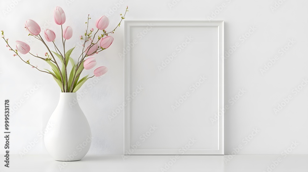 Home interior with decor elements. Mockup with a white frame, spring flowers in a vase on a light background. Home interior with decor elements. Mockup with a white frame, spring flowers in a vase on a light background.