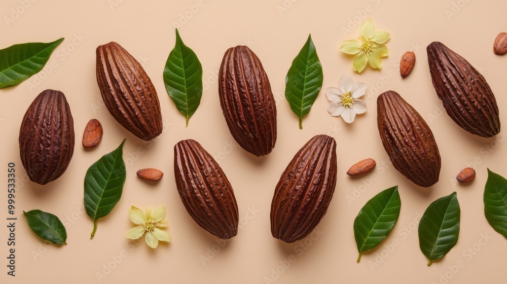 Creative layout made of cacao fruit with leaves and flowers on the beige background. Flat lay. Food concept. Macro concept. Creative layout made of cacao fruit with leaves and flowers on the beige background. Flat lay. Food concept. Macro concept.