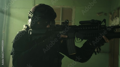 Wallpaper Mural FBI agent in stealthy black outfit and an m4 assault rifle with a green laser clearing an abandoned warehouse Torontodigital.ca