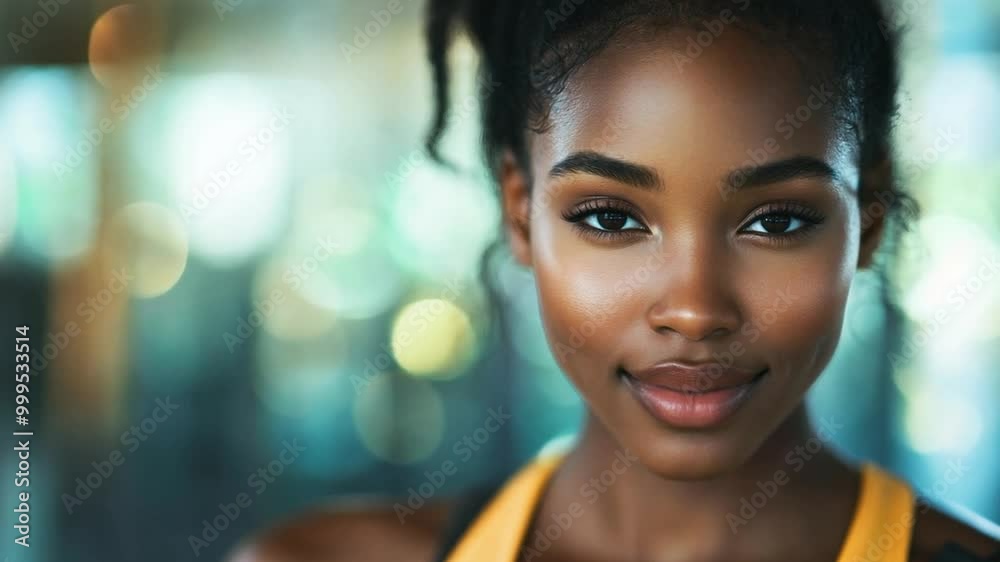 Young black woman with a radiant smile poses in a gym during daytime