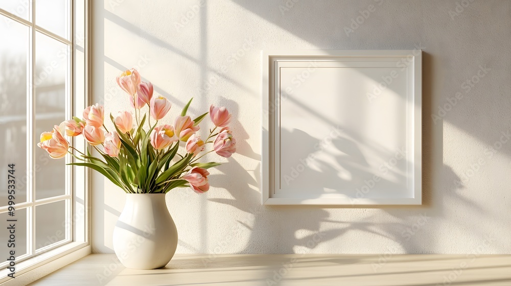 Home interior with decor elements. Mockup with a white frame, spring flowers in a vase on a light background. Home interior with decor elements. Mockup with a white frame, spring flowers in a vase on a light background.