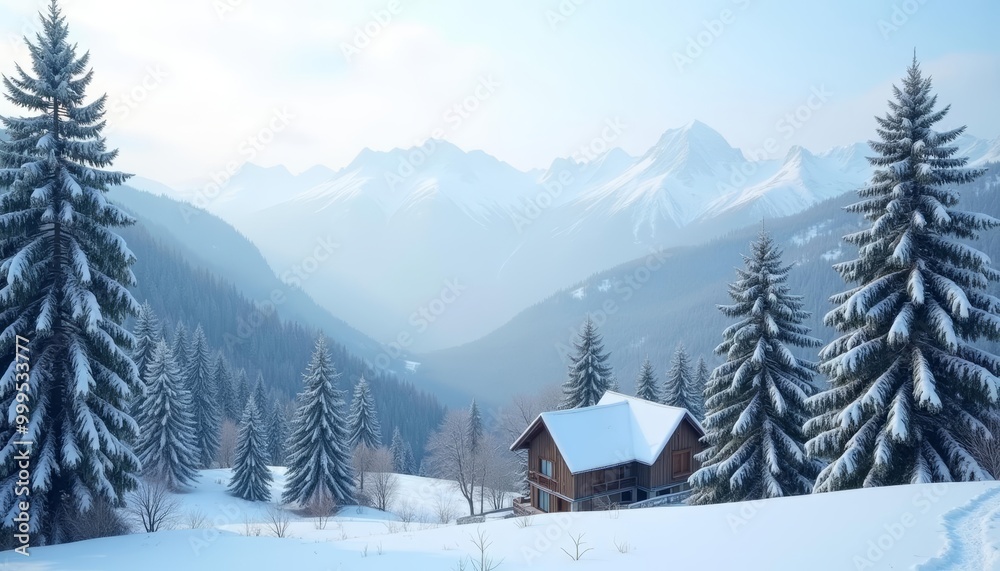 Fototapeta premium Snowy mountain retreat serene and inviting