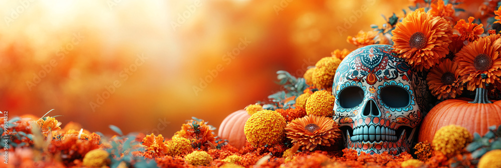 A vibrant Day of the Dead sugar skull with colorful decorations sits amongst orange pumpkins and marigolds, representing the celebration of life and remembrance. A vibrant Day of the Dead sugar skull with colorful decorations sits amongst orange pumpkins and marigolds, representing the celebration of life and remembrance.