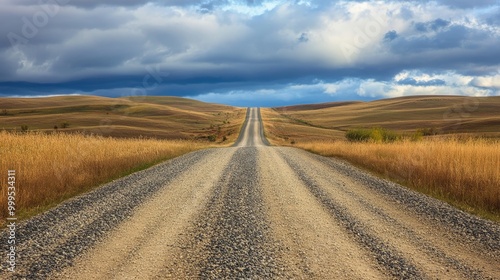 Scenic Gravel Road Winding Through Countryside: A Serene Rural Landscape with Open Fields and Clear Skies, Perfect for Travel, Adventure, and Nature-Themed Imagery