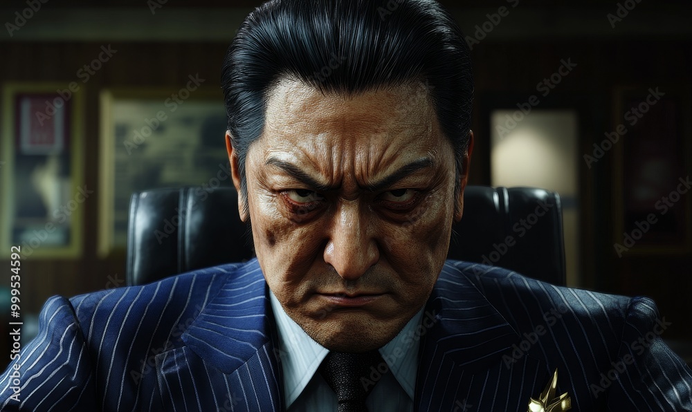 Man in pinstripe suit stares intensely. Man in pinstripe suit stares intensely.