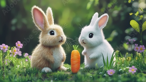 Two Rabbits Eating a Carrot Outdoors