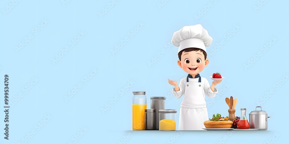 Cheerful cartoon boy chef presenting a delicious dessert, surrounded by kitchen utensils and ingredients on a bright blue background. Cheerful cartoon boy chef presenting a delicious dessert, surrounded by kitchen utensils and ingredients on a bright blue background.