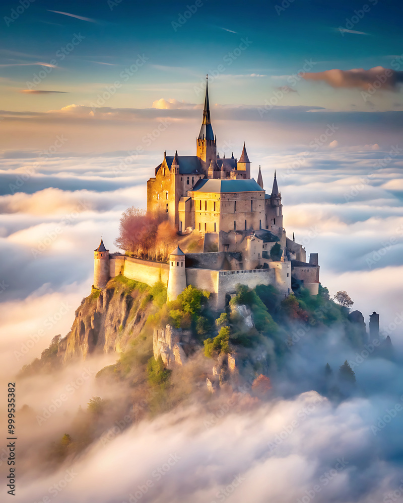 Fototapeta premium A majestic castle perched atop a sheer cliff face stands shrouded in a thick fog.