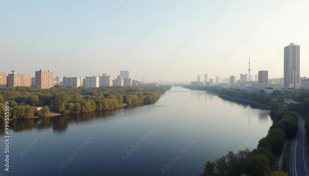 Elegant cityscape with serene river view Elegant cityscape with serene river view