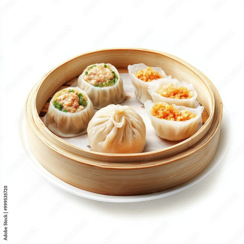 stuffed steamed bun and dim sum on the plate isolated on white background. stuffed steamed bun and dim sum on the plate isolated on white background.