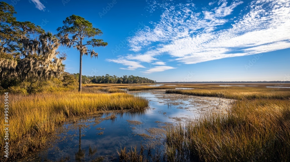Wetlands and marsh area at low tide on a sunny day. Wetlands and marsh area at low tide on a sunny day.