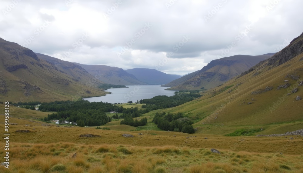 Enchanting valley view with serene lake and majestic mountains Enchanting valley view with serene lake and majestic mountains