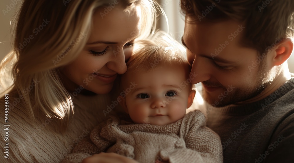 Happy Young Family Hugging Their Baby Girl in Cozy Home Setting with Soft Lighting and Warm Colors Happy Young Family Hugging Their Baby Girl in Cozy Home Setting with Soft Lighting and Warm Colors