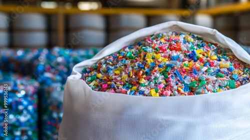 Wallpaper Mural Close up PET plastic bottle flakes in white big bag with blur plastic bottle bales background Torontodigital.ca