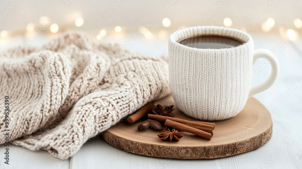 A cup of coffee with cinnamon and a knitted blanket on a wooden plate A cup of coffee with cinnamon and a knitted blanket on a wooden plate