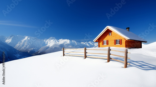 A cozy wooden cabin nestled on the top of a snowy mountain, creating an enchanting winter landscape.