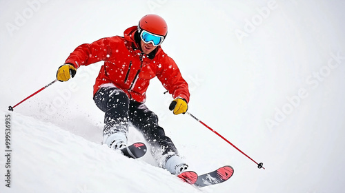 A person in an orange snowsuit cross-country skiing on a sunny day with a blue sky.  photo