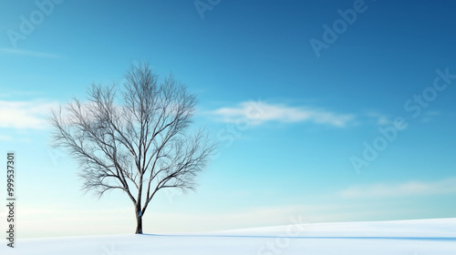 a lone tree standing in the snow against a blue sky