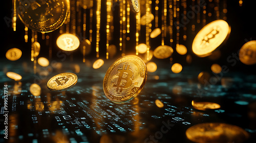 Golden Bitcoin coins floating in digital space 