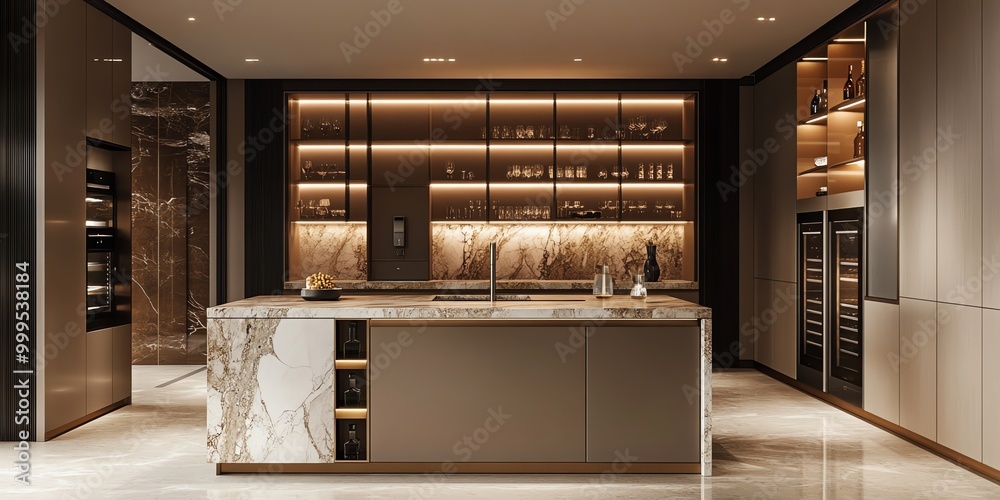 Modern kitchen interior with marble island, wine fridge, and glass cabinets.