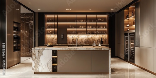 Obraz na płótnie Modern kitchen interior with marble island, wine fridge, and glass cabinets. w salonie