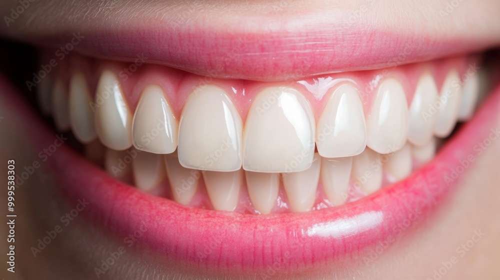 Fototapeta premium Beautiful female teeth macro zirconium. Closeup smile photo with zirconium artificial teeth. Zirconia bridge with porcelain