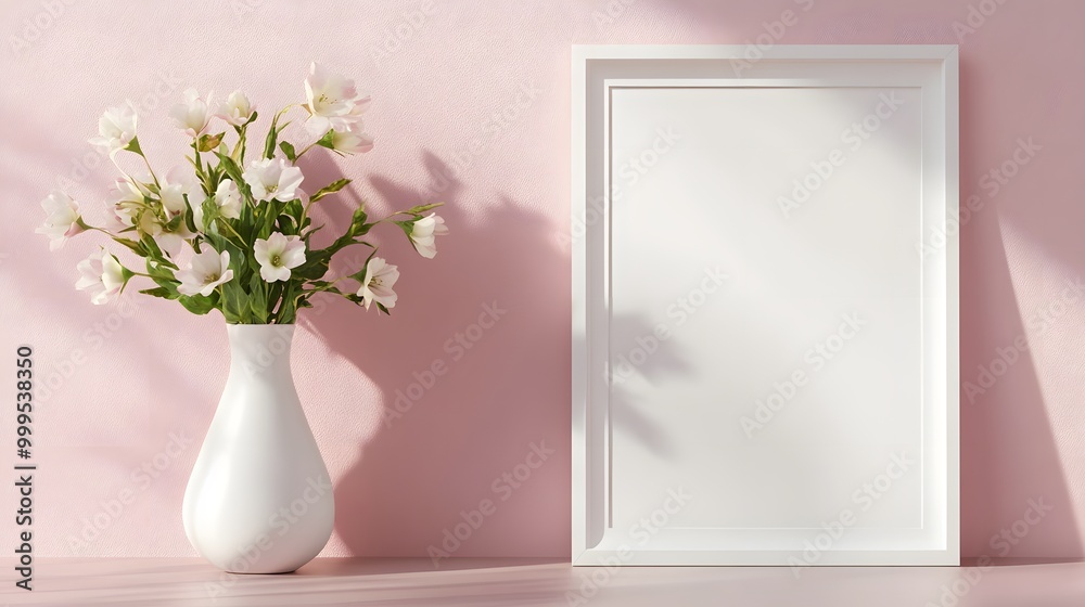 Home interior with decor elements. Mockup with a white frame, spring flowers in a vase on a light background. Home interior with decor elements. Mockup with a white frame, spring flowers in a vase on a light background.