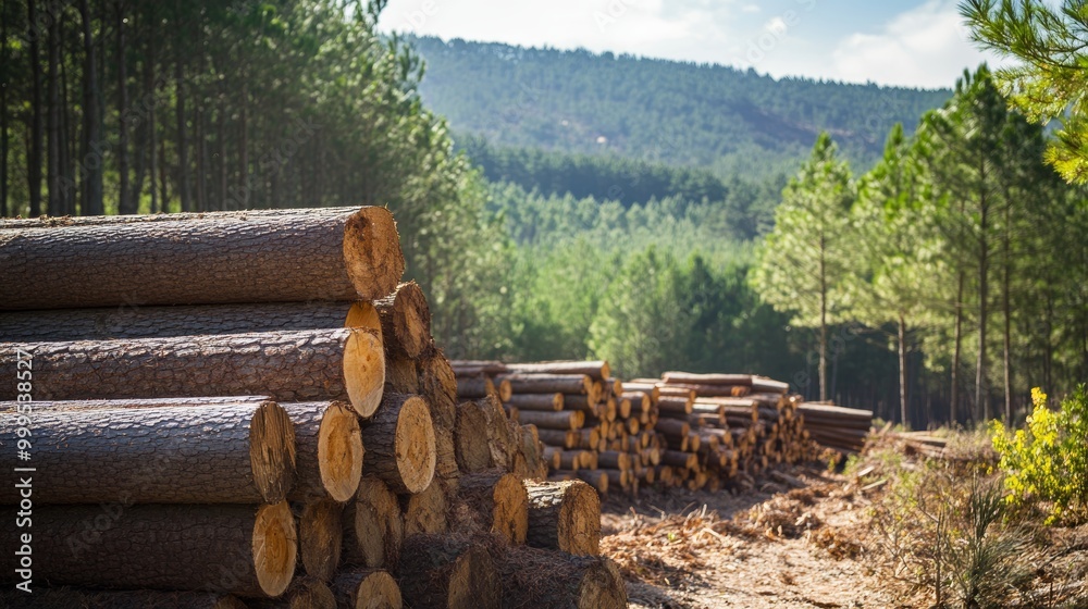 Deforestation by logging industry showing stacks of cut logs from pine forest. Deforestation by logging industry showing stacks of cut logs from pine forest.