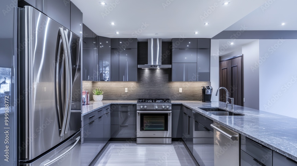 Beautiful Grey Modern Kitchen in a Luxury Apartment with Stainless Steel Appliances Beautiful Grey Modern Kitchen in a Luxury Apartment with Stainless Steel Appliances