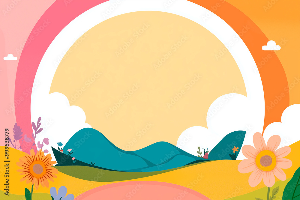 Colorful landscape with rainbow and sun, playful nature scene, photo collage template Colorful landscape with rainbow and sun, playful nature scene, photo collage template