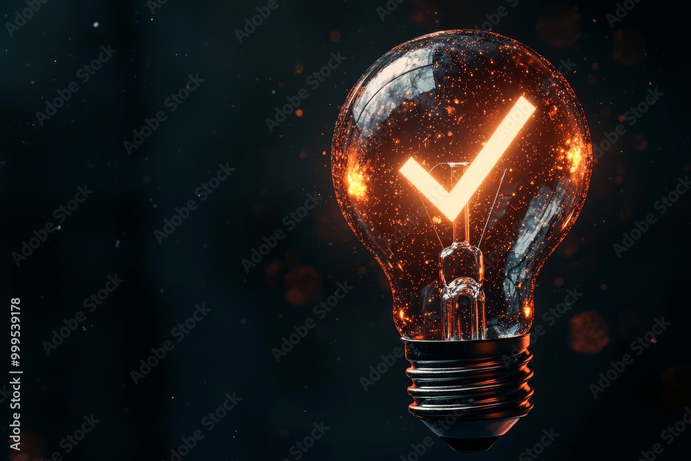 A glowing lightbulb with a checkmark icon inside, representing validated or successful ideas A glowing lightbulb with a checkmark icon inside, representing validated or successful ideas