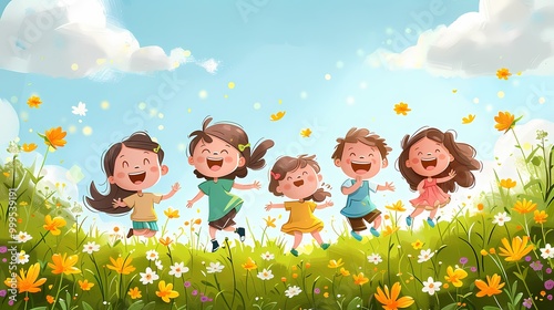 Vibrant Outdoor Cartoon Scene with Person and Sky Background Pattern