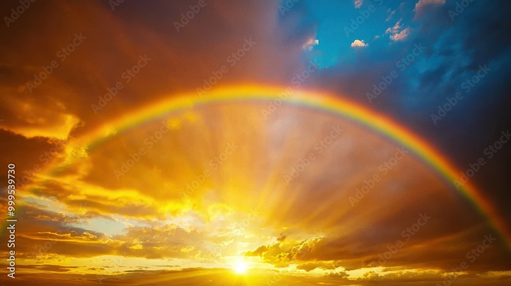 A rainbow illuminated by the golden hues of sunset, creating a warm and serene atmosphere in the sky A rainbow illuminated by the golden hues of sunset, creating a warm and serene atmosphere in the sky