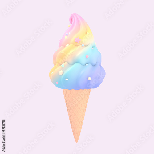 3D render cartoon rainbow ice cream with sprinkles object on pink background.