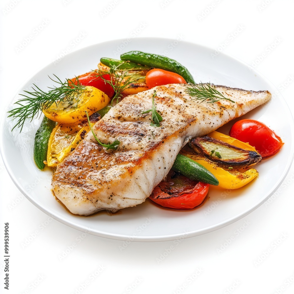 Haute cuisine fish fillet on a plate with vegetables. isolated on white background. Haute cuisine fish fillet on a plate with vegetables. isolated on white background.