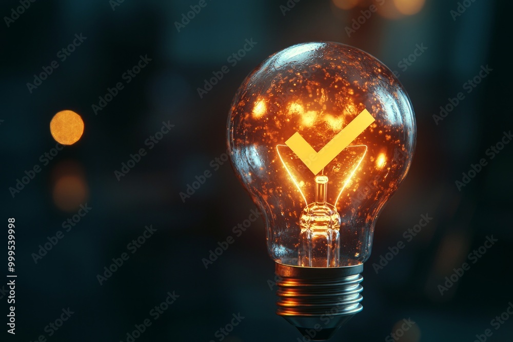A glowing lightbulb with a checkmark icon inside, representing validated or successful ideas A glowing lightbulb with a checkmark icon inside, representing validated or successful ideas