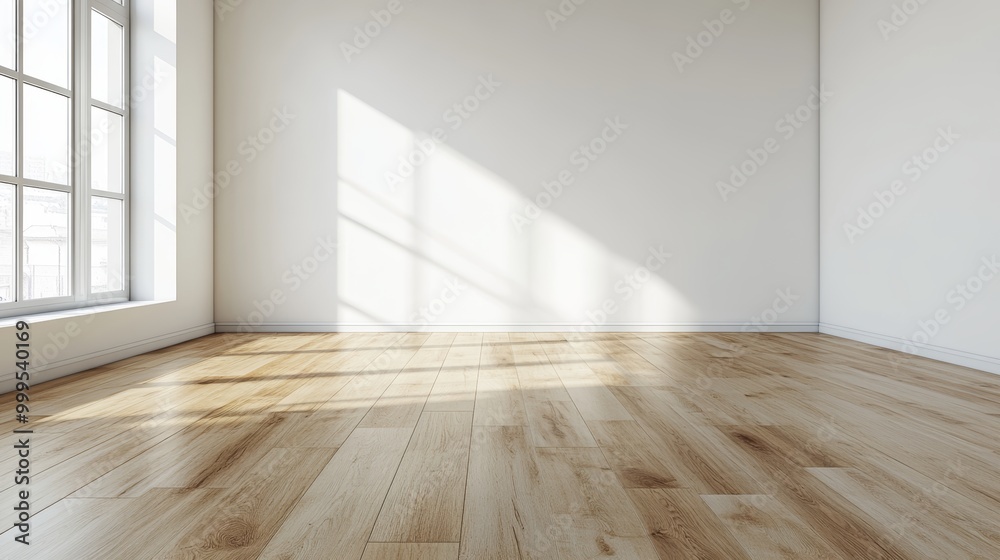 Laminated wood floor with white wall. Empty room with floating laminate in new apartmen Laminated wood floor with white wall. Empty room with floating laminate in new apartmen