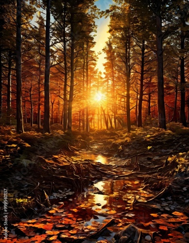 A peaceful forest scene with the golden light of the setting sun filtering through tall autumn trees. A small stream reflects the warm glow of the sun, surrounded by fallen leaves and nature. AI