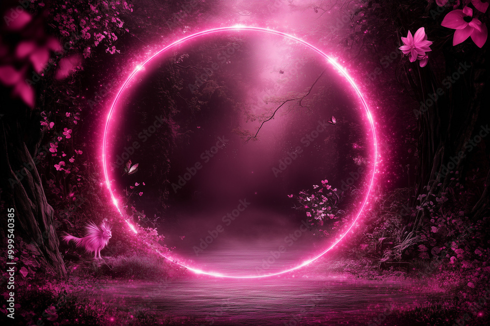 Obraz premium Photo collage template with glowing pink circular portal in dark mystical forest, neon colors, fantasy landscape with copy space