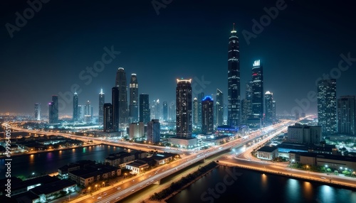 Wallpaper Mural  Vibrant cityscape at night illuminated by bright lights and reflecting off the river Torontodigital.ca