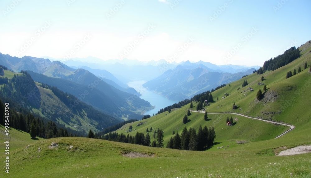 Epic mountain landscape with winding road and serene lake Epic mountain landscape with winding road and serene lake