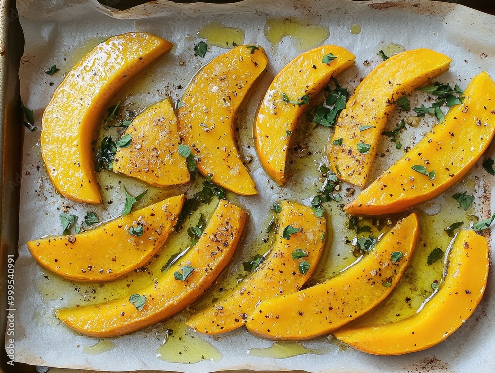 Pumpkin Slices with Olive Oil and Herbs on Parchment Paper in Baking Tray Pumpkin Slices with Olive Oil and Herbs on Parchment Paper in Baking Tray