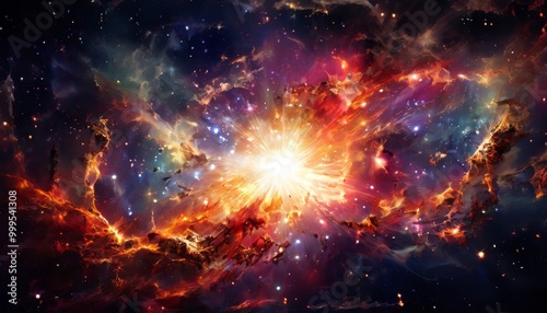 A vivid explosion of colors in space as a star erupts, casting vibrant orange, purple, and blue hues across a vast cosmic nebula. The powerful supernova creates an awe-inspiring celestial display with