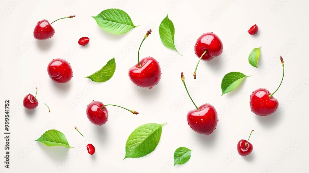 Juicy red cherry with green leaves as flow fly or fall as art composition. Whole half pieces fruit isolated on white background with shadow. Ripe raw fruits for advertising design label product. Juicy red cherry with green leaves as flow fly or fall as art composition. Whole half pieces fruit isolated on white background with shadow. Ripe raw fruits for advertising design label product.