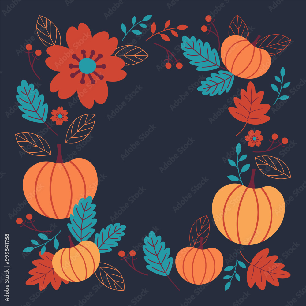 Autumn card with pumpkins, fall plants for text. Hand drawn vector background for autumnal holiday, Thanksgiving Day, pumpkin harvest. Design element for greeting card, banner, poster, template, flyer Autumn card with pumpkins, fall plants for text. Hand drawn vector background for autumnal holiday, Thanksgiving Day, pumpkin harvest. Design element for greeting card, banner, poster, template, flyer