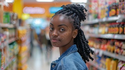 Young black woman shopping in a modern retail store, browsing clothing racks and accessories