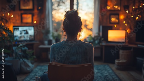 Woman sits in a room with two computer screens showing sunset images, looking out the window towards the setting sun.